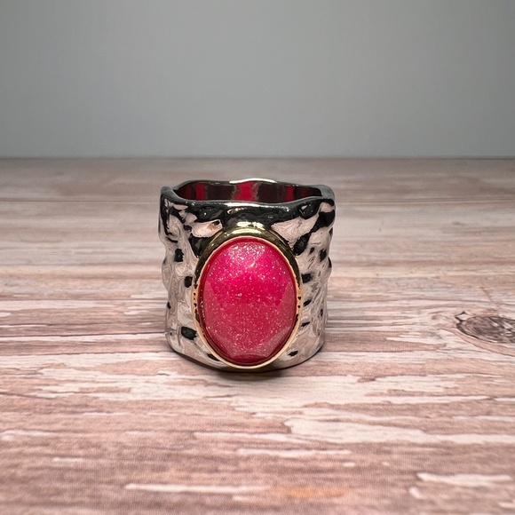 Wide Band Ring with Pink Oval Resin Stone - Picture 3 of 6